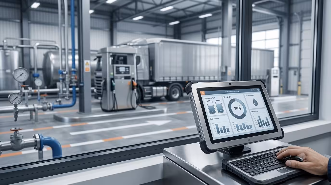 Tablet industrial con dashboard de control volumétrico en sala de control; al fondo, dispensario de diésel y tráiler de carga en una instalación de despacho para autoconsumo.